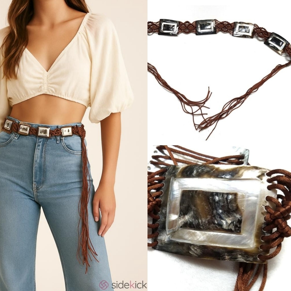80s Vintage Large Natural Shell Brown Woven Macrame Bold Fringe Tie Belt OSFA